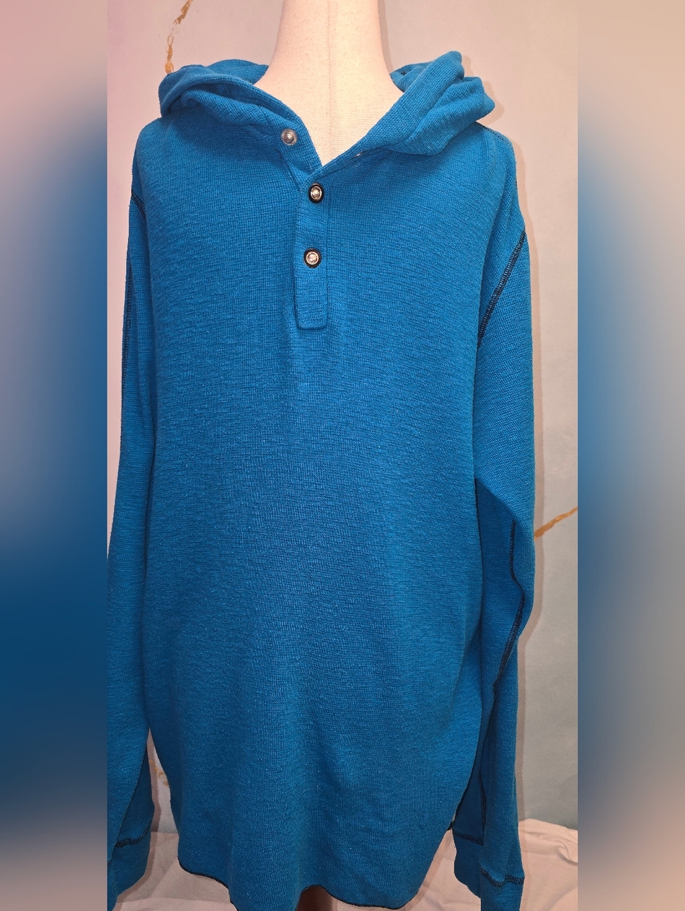 Bar III Men's Hooded 100% Cotton Pullover Long Sleeve Henley Button Shirt Blue L